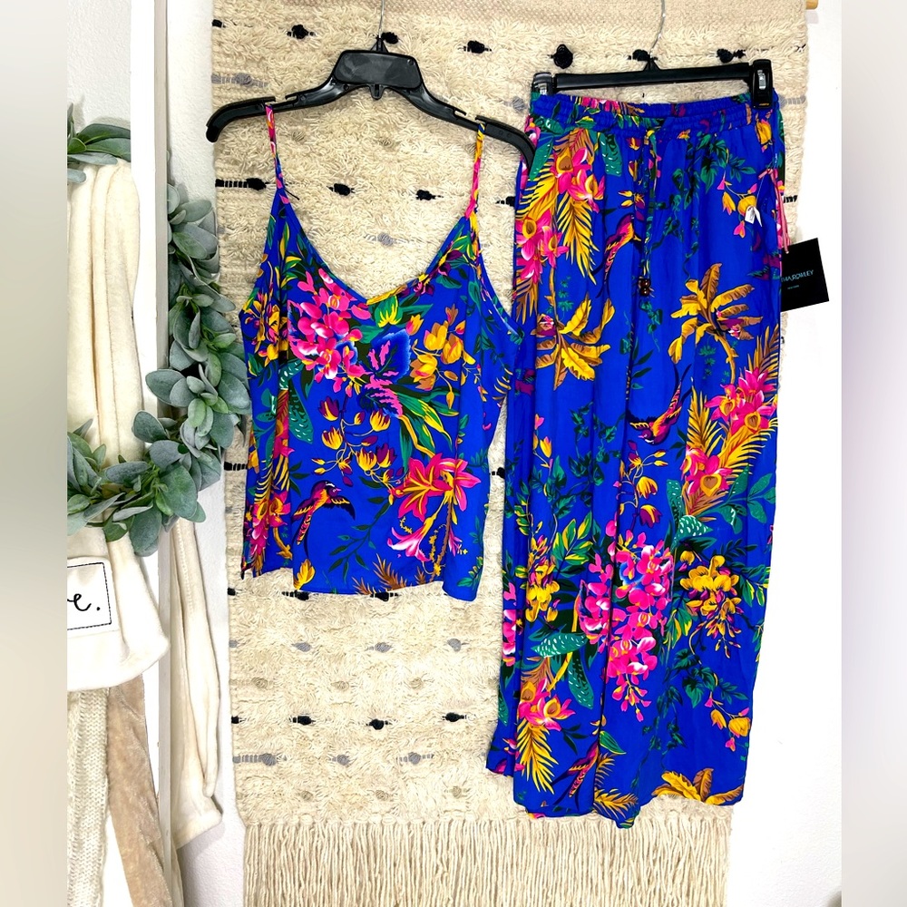NWT Cynthia Rowley blue floral wide leg pants set size xs
